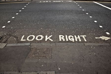 look right sign in Londonの写真素材