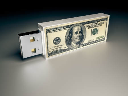 An image of a usb drive with a dollar noteの写真素材