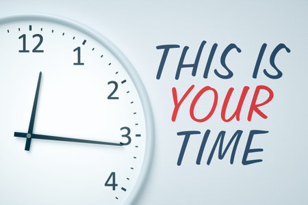A nice clock at the white wall with text this is your time