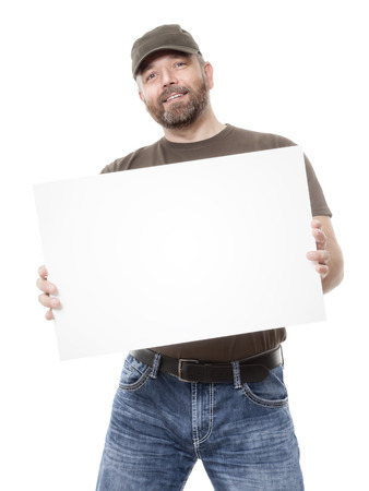 An image of a bearded man holding a white boardの写真素材