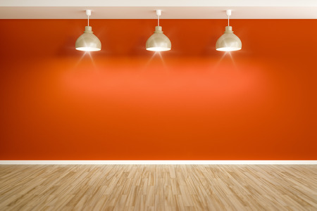 An image of an empty red room with three lampsの写真素材