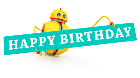 A sweet little robot with a happy birthday greetingの写真素材