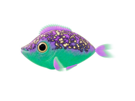 2D illustration cartoon of a cute purple green fish