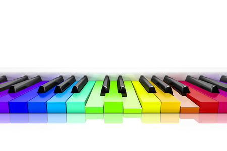 3d rendering of a piano with rainbow colored keys backgroundの写真素材