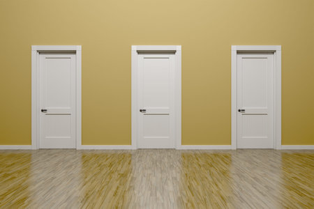 3D render of a beige wall and three doors in an empty flat with space for your content