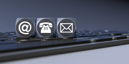 3d rendering of a three cubes with signs for email phone and letterの写真素材