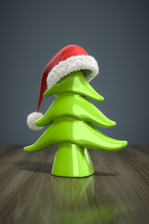 3d illustration of a red christmas hat on a green treeの写真素材