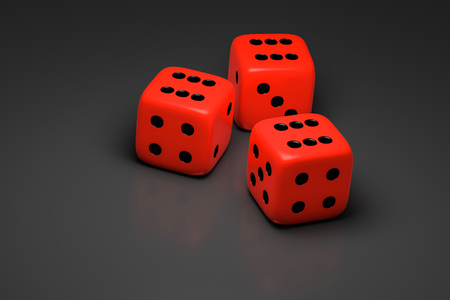 3D illustration of three red dice on a gray backgroundの写真素材