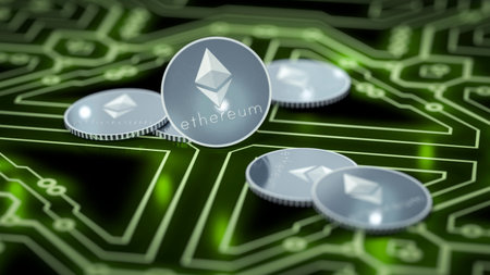 3d rendering of a some ethereum coins on a dark electronic background
