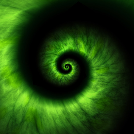 An illustration of a green light energy spiral on black backgroundの写真素材