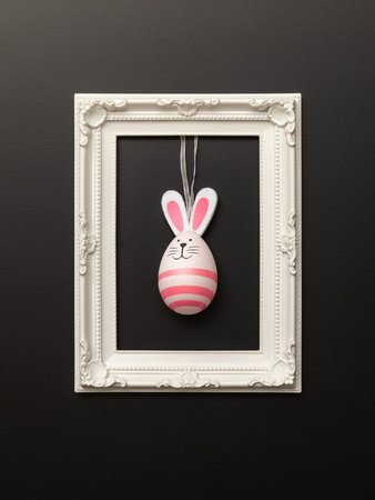 An image of a happy easter decoration with a bunny egg in a frame