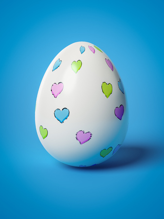A easter egg with hearts on blue background 3d illustrationの写真素材