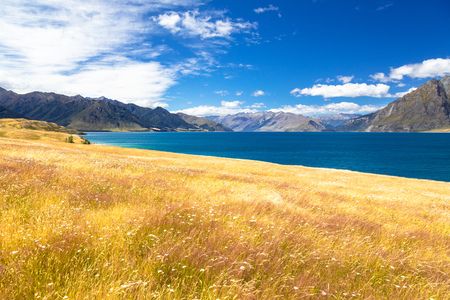 An image of the lake Wanaka; New Zealand south islandの写真素材
