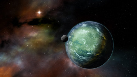 beautiful night sky with planet moon stars and nebula 3D illustration