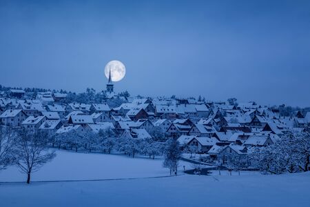 An image of Holzbronn Germany winter scenery by nightの写真素材