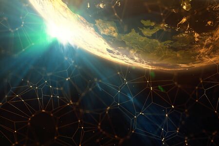 An earth sunrise space network 3D illustrationの写真素材