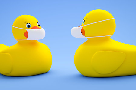 two toy ducky wearing a mask for conversation 3D illustration