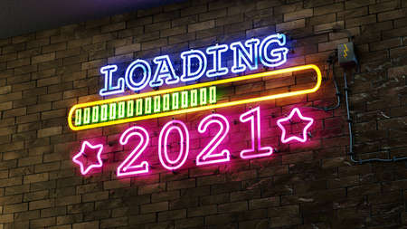 Neon lights loading new year 2021, 3D illustrationの写真素材