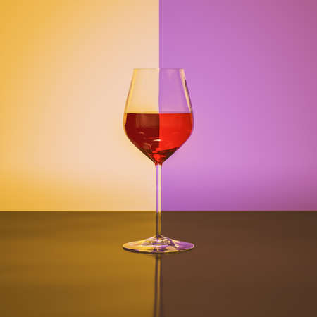Red wine wineglass refraction with yellow purple background. 3D illustrationの写真素材