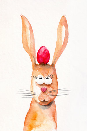 A watercolor illustration of an easter rabbit with a red egg between the earsの写真素材