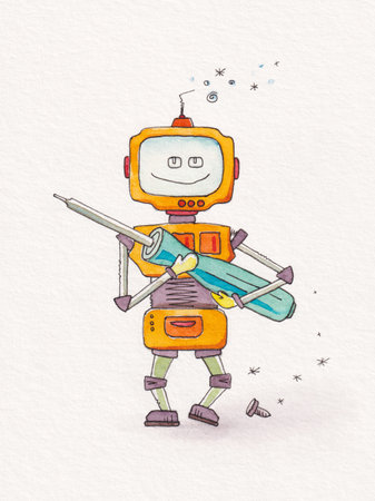 A watercolor illustration of a tin bot robot with a screwdriverの写真素材