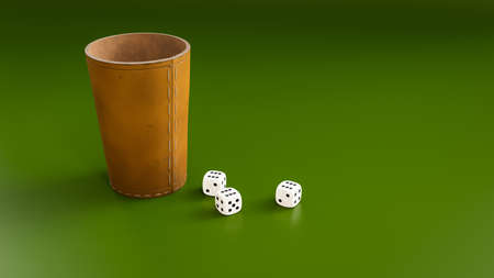 A leather cup and fhree dice showing six.の写真素材