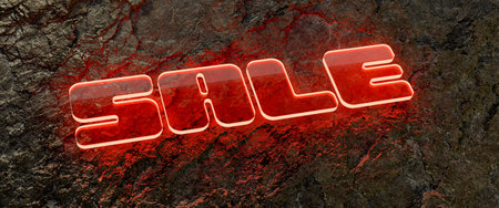 A glowing sale sign on a wet rock surface.