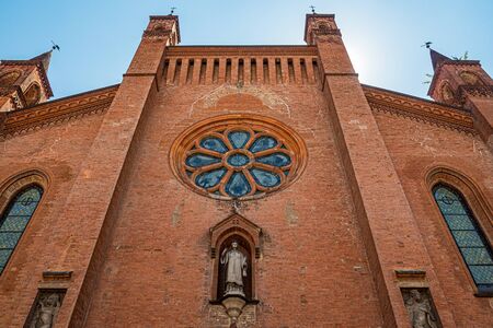 Outer view with some towers to the Alba Cathedral (Cattedrale di San Lorenzo)の写真素材