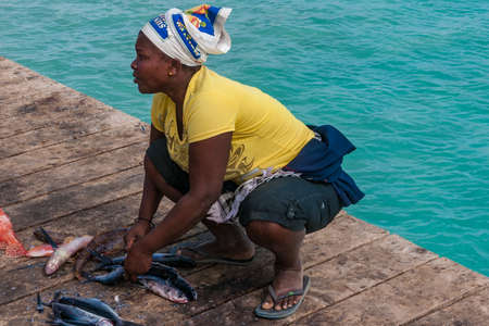 Santa Maria, Cape Verde - December 2011: Fisher is cutting fishes on the fish marketのeditorial素材