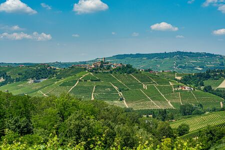 Panoramic view over the hills and vineyards in piedmont with the city of Barolo on the hillの写真素材