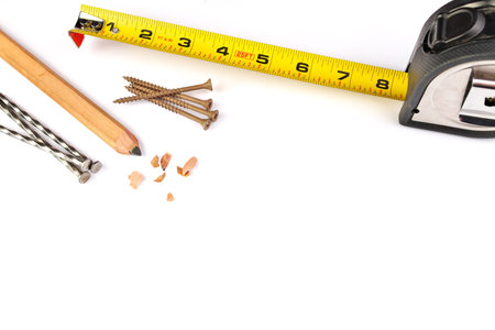 Carpenters Pencil with Sharpening Shavings, Tape Measure, Framing Nails and Deck Screws