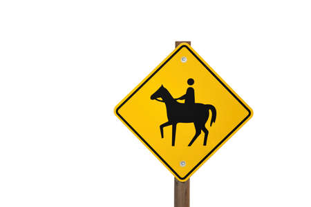 Yellow Caution Horse Rider Riding Sign Isolated Against a White Backgroundの写真素材