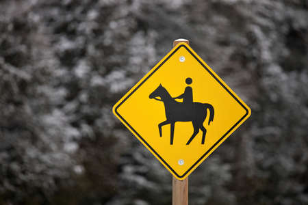 Yellow Caution Horse Riding Sign in a Rural Setting in Winter Isolated against a Snowy Forestの写真素材
