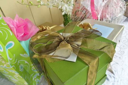 A Gift Table Stacked with Elegantly Wrapped Gifts and Presentsの写真素材