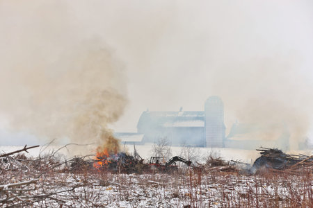 Tractor Moves Brush During a Controlled Burn on a Farm Property to Increase Arable Land