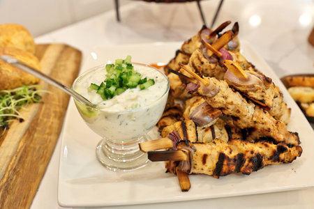 Greek chicken souvlaki skewers or kebabs piled high on a white plate with a bowl of tzatziki sauceの写真素材