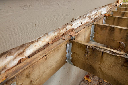 Deck Ledger Board Incorrectly Installed over Wood Siding has led to Extensive Dry Rot and Damageの写真素材