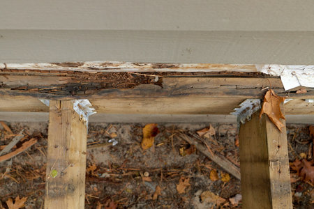 Deck Ledger Board Incorrectly Installed over Wood Siding has led to Extensive Dry Rot and Damageの写真素材