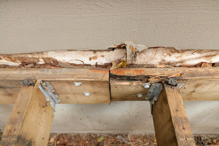 Deck Ledger Board Incorrectly Installed over Wood Siding has led to Extensive Dry Rot and Damageの写真素材