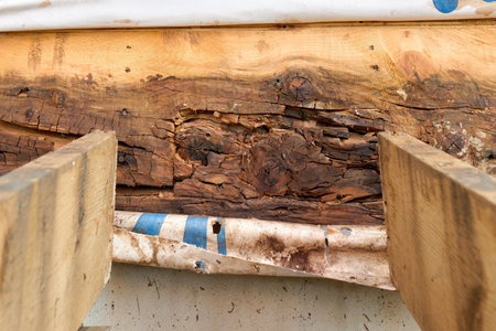 Removed Deck Ledger Board Reveals Dry Rotten Rim Joist Board with Extensive Damage on Houseの写真素材