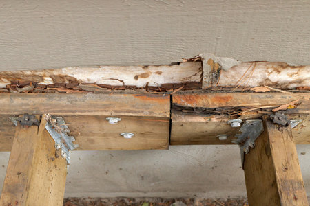 Deck Ledger Board Incorrectly Installed over Wood Siding has led to Extensive Dry Rot and Damageの写真素材