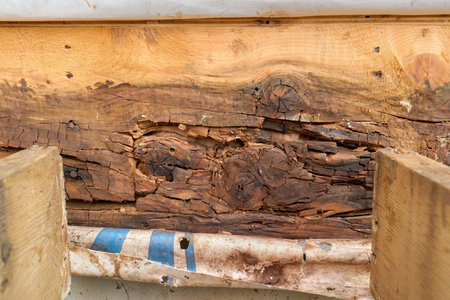 Removed Deck Ledger Board Reveals Dry Rotten Rim Joist Board with Extensive Damage on Houseの写真素材