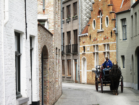 Immaculate horse and carriage Bruges Belgium. A beautiful brown horse hitched to a four wheel horse carriage. In the background is a body of water and a red brick house. Brugge, Belgium.のeditorial素材