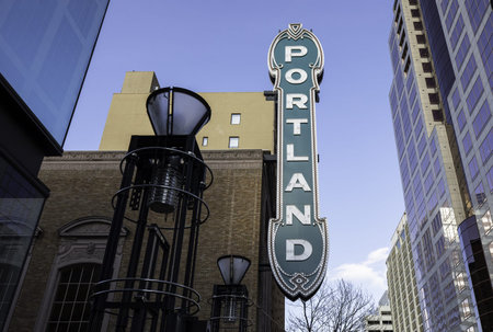 Portland, Oregon USA - Feb. 10, 2021:
The large "Portland" signage at The Historic Arlene Schnitzer Concert Hall in Portland Oregon.のeditorial素材