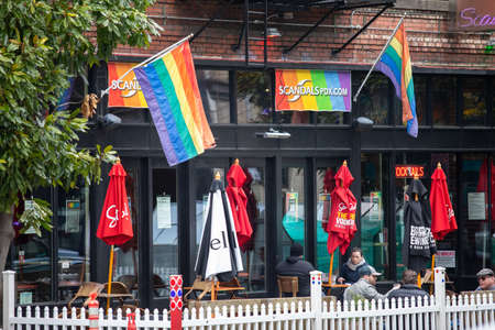 Portland, Oregon USA - Feb. 20, 2021: Depicting "Scandal's PDX" a downtown Portland restraunt with Out-Door Dining due to Corona-19 Pandemic Restrictions.のeditorial素材