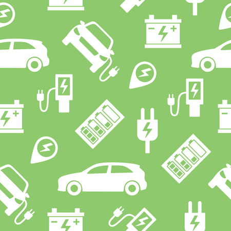 Seamless pattern with electric car, battery, power plug, charger. Green background.のイラスト素材