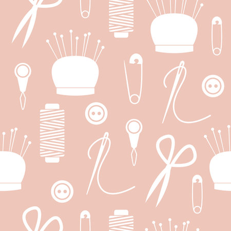Seamless pattern with sewing tools and accessories. Vector illustration.のイラスト素材