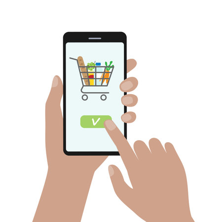 Online shopping concept. Hand holding smartphone with shopping cart. Vector illustrationのイラスト素材