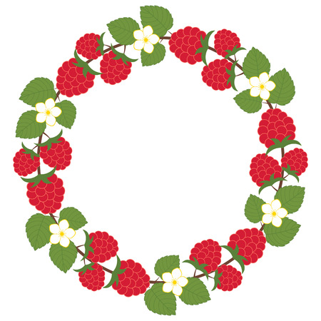 Vector wreath with raspberry, leaves and flowersのイラスト素材