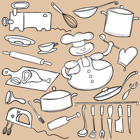Vector doodle hand drawn cooking set on beige backgroundのイラスト素材